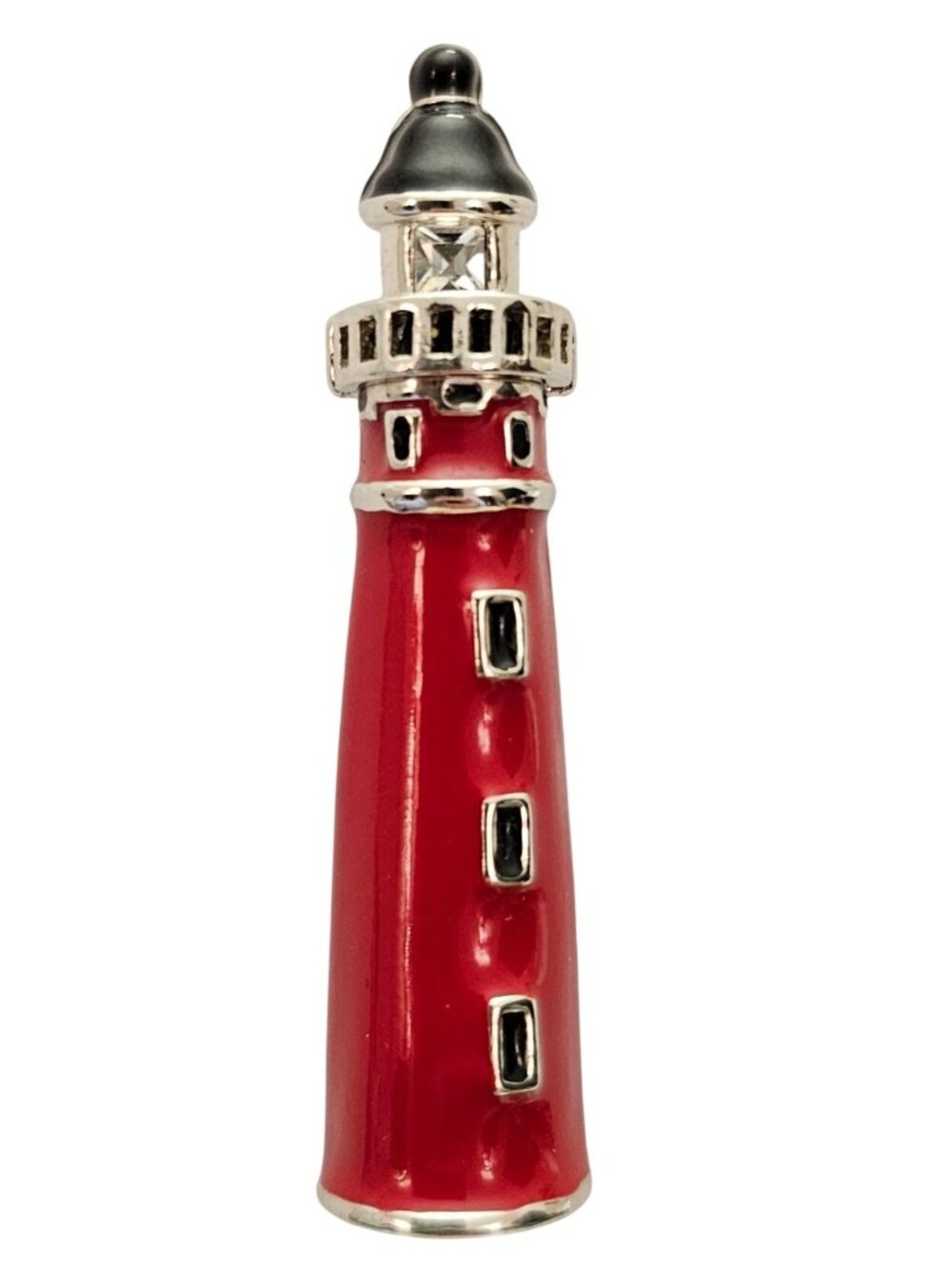 P.S. Co. Red Enamel Clear Rhinestone Lighthouse Brooch, Signed J796